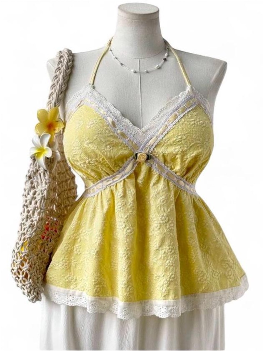 Shabby chic boho yellow halter top 20W